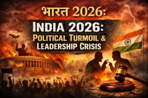 India 2026 political turmoil and leadership crisis illustrated through burning Parliament, protest silhouettes, debating leaders, Indian national flag, and symbolic gavel representing governance, instability, and power struggle.