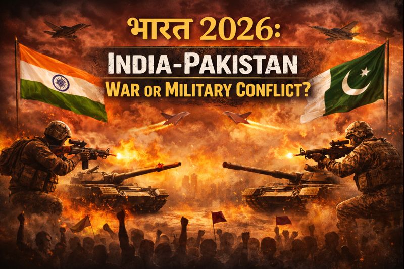 भारत 2026 में भारत-पाकिस्तान सैन्य संघर्ष की संभावना दर्शाता फीचर चित्र, जिसमें आमने-सामने भारतीय और पाकिस्तानी सैनिक, टैंक, लड़ाकू विमान, आग और धुएँ का युद्ध-दृश्य, ऊपर ‘भारत 2026’ हिंदी में और नीचे ‘INDIA–PAKISTAN: WAR OR MILITARY CONFLICT?’ अंग्रेज़ी शीर्षक प्रदर्शित है।