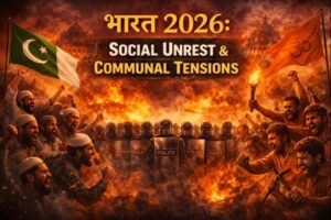 India 2026 social unrest and communal tensions illustrated through violent street clashes between opposing religious groups, burning buildings, riot police forming a barricade, flames and smoke in the background, with Hindi title ‘भारत 2026’ above and English heading ‘SOCIAL UNREST & COMMUNAL TENSIONS’ displayed prominently.