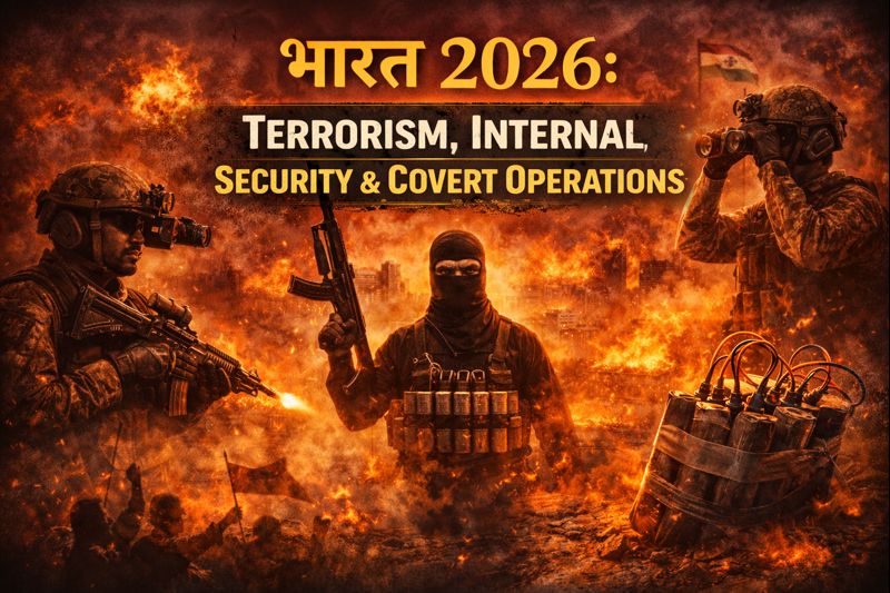 India 2026 terrorism and internal security crisis illustrated through armed security forces confronting a masked militant, explosions and fire in the background, surveillance equipment, covert operations imagery, with Hindi title ‘भारत 2026’ above and English heading ‘TERRORISM, INTERNAL SECURITY & COVERT OPERATIONS’ displayed prominently.”
