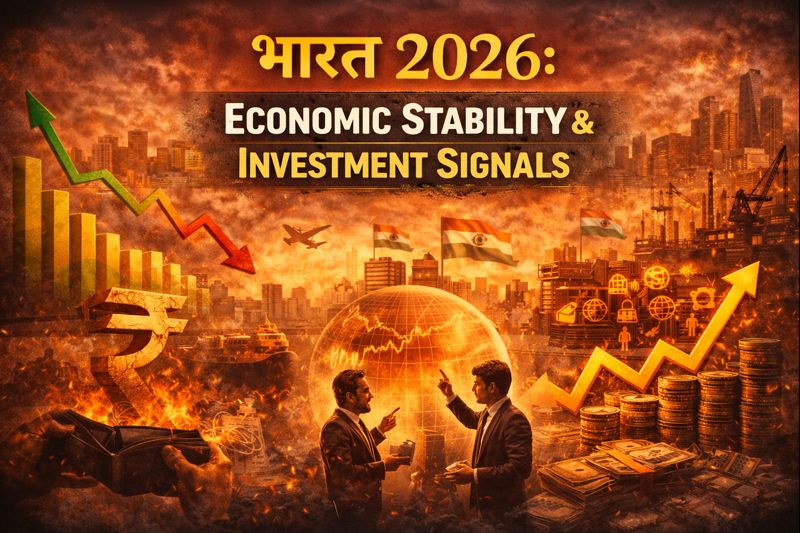 India 2026 financial markets outlook illustrated with stock market charts, currency symbols, gold bars and coins, rising and falling price arrows, traders analyzing data, and a modern city skyline in the background, with Hindi title ‘भारत 2026’ and English heading indicating markets, currency, and commodity prices.