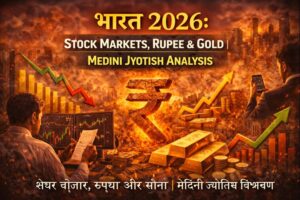 “India 2026 stock markets, rupee and gold analysis illustrated with a trader analyzing charts, rising and falling market graphs, Indian rupee symbol at center, gold bars and coins, financial city skyline, flames symbolizing volatility, with Hindi title ‘भारत 2026’ on top and English heading ‘STOCK MARKETS, RUPEE & GOLD | MEDINI JYOTISH ANALYSIS’ displayed below.