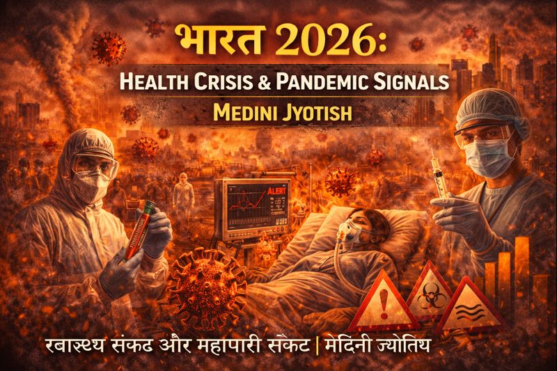 India 2026 health crisis and pandemic signals illustrated with doctors in protective gear, a critically ill patient on hospital bed, virus particles in the air, medical monitoring screens showing alerts, warning symbols, and a burning cityscape in the background, with Hindi title ‘भारत 2026’ above and English heading ‘HEALTH CRISIS & PANDEMIC SIGNALS | MEDINI JYOTISH’ displayed below.