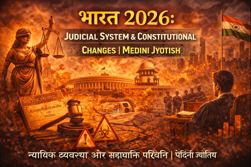 India 2026 judicial system and constitutional changes illustrated with Lady Justice holding scales, the Indian Supreme Court and Parliament buildings amid flames and smoke, a judge delivering verdict, the Indian Constitution document, national flag, and warning symbols, representing major legal, constitutional, and institutional transformations, with Hindi title ‘भारत 2026’ and English heading ‘JUDICIAL SYSTEM & CONSTITUTIONAL CHANGES | MEDINI JYOTISH’ displayed.