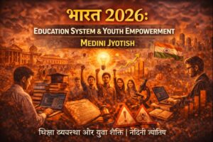 India 2026 education system and youth power illustrated with young students using laptops and digital devices, graduation caps, classrooms blended with technology icons, innovation and startup symbols, rising charts representing youth-driven growth, and an optimistic urban skyline, with Hindi title ‘भारत 2026’ above and English heading ‘EDUCATION SYSTEM & YOUTH POWER | MEDINI JYOTISH’ displayed below.