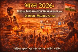 ndia 2026 media, information warfare and public opinion illustrated with a journalist holding a news microphone, social media icons spreading fake news, protesters influenced by digital narratives, cyber analysts monitoring data screens, Parliament building amid flames, and the Indian flag in the background, symbolizing media influence, information conflict, and public perception, with Hindi title ‘भारत 2026’ and English heading ‘MEDIA, INFORMATION WARFARE & PUBLIC OPINION | MEDINI JYOTISH’ displayed.