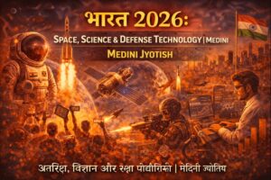 India 2026 space, science and defense technology illustrated with an Indian astronaut in space, rocket launches, satellites orbiting Earth, advanced missiles and fighter jets, a soldier with modern weaponry, and a scientist working on digital control screens, symbolizing India’s technological and strategic advancement, with Hindi title ‘भारत 2026’ and English heading ‘SPACE, SCIENCE & DEFENSE TECHNOLOGY | MEDINI JYOTISH’ displayed prominently.