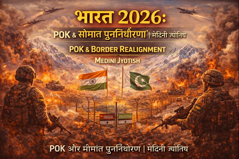 India 2026 POK and border realignment illustrated through a tense Line of Control standoff, Indian and Pakistani soldiers facing each other across a fortified border fence, national flags raised amid explosions, fighter jets overhead, burning terrain and Himalayan mountains in the background, symbolizing territorial tension, strategic confrontation, and potential border redefinition, with Hindi title ‘भारत 2026’ and English heading ‘POK & BORDER REALIGNMENT | MEDINI JYOTISH’ displayed