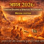 “India 2026 Sanatan Dharma and spiritual resurgence illustrated with Lord Shiva in meditation, ancient temples glowing in saffron light, saints and devotees engaged in prayer and scripture study, sacred fire rituals, Indian national flag in the background, and a radiant spiritual landscape symbolizing revival of Sanatan traditions, faith, and inner awakening, with Hindi title ‘भारत 2026’ and English heading ‘SANATAN DHARMA & SPIRITUAL RESURGENCE | MEDINI JYOTISH’ displayed.