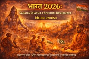 “India 2026 Sanatan Dharma and spiritual resurgence illustrated with Lord Shiva in meditation, ancient temples glowing in saffron light, saints and devotees engaged in prayer and scripture study, sacred fire rituals, Indian national flag in the background, and a radiant spiritual landscape symbolizing revival of Sanatan traditions, faith, and inner awakening, with Hindi title ‘भारत 2026’ and English heading ‘SANATAN DHARMA & SPIRITUAL RESURGENCE | MEDINI JYOTISH’ displayed.