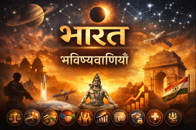 भारत 2026 के प्रमुख ग्रहीय संयोजन और 14 राष्ट्रीय जोखिम विषयों को दर्शाता ज्योतिषीय प्रतीकात्मक चित्र