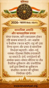 भारत 2026 में सामाजिक अशांति और वैचारिक ध्रुवीकरण के ज्योतिषीय संकेत दर्शाता प्रतीकात्मक चित्र — राहु प्रभाव, शनि दृष्टि, चंद्र पीड़ा