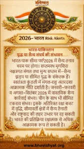 भारत 2026 में भारत–पाक सीमा पर सीमित सैन्य संघर्ष के ज्योतिषीय संकेत दर्शाता चित्र — मेदिनी ज्योतिष, मंगल–राहु, शनि दृष्टि और संवेदनशील कालखंड