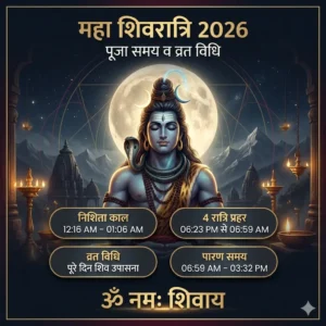 महा शिवरात्रि 2026 के लिए एक प्रीमियम और आधुनिक वर्गाकार पोस्टर। केंद्र में भगवान शिव ध्यान की मुद्रा में विराजमान हैं, जिनके पीछे पूर्ण चंद्रमा और हिमालय के पर्वतों का शांत दृश्य है। गहरे नीले और सुनहरे रंग के इस पोस्टर में पूजा के महत्वपूर्ण समय (निशिता काल, 4 रात्रि प्रहर, व्रत विधि और पारण समय) को सुंदर राउंडेड बॉक्स में दर्शाया गया है। नीचे सुनहरे अक्षरों में 'ॐ नमः शिवाय' लिखा है और किनारे पर सुरुचिपूर्ण बॉर्डर है।