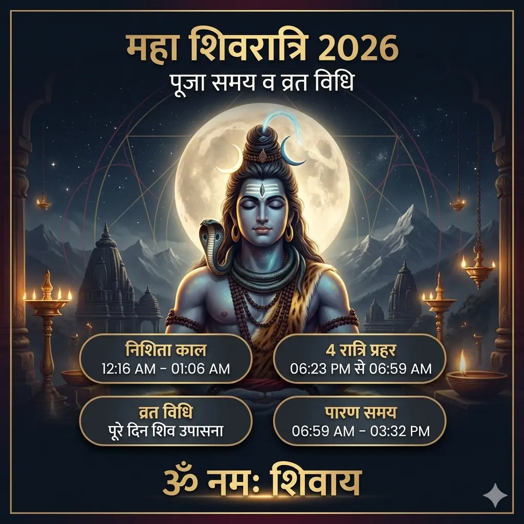 महा शिवरात्रि 2026 के लिए एक प्रीमियम और आधुनिक वर्गाकार पोस्टर। केंद्र में भगवान शिव ध्यान की मुद्रा में विराजमान हैं, जिनके पीछे पूर्ण चंद्रमा और हिमालय के पर्वतों का शांत दृश्य है। गहरे नीले और सुनहरे रंग के इस पोस्टर में पूजा के महत्वपूर्ण समय (निशिता काल, 4 रात्रि प्रहर, व्रत विधि और पारण समय) को सुंदर राउंडेड बॉक्स में दर्शाया गया है। नीचे सुनहरे अक्षरों में 'ॐ नमः शिवाय' लिखा है और किनारे पर सुरुचिपूर्ण बॉर्डर है।
