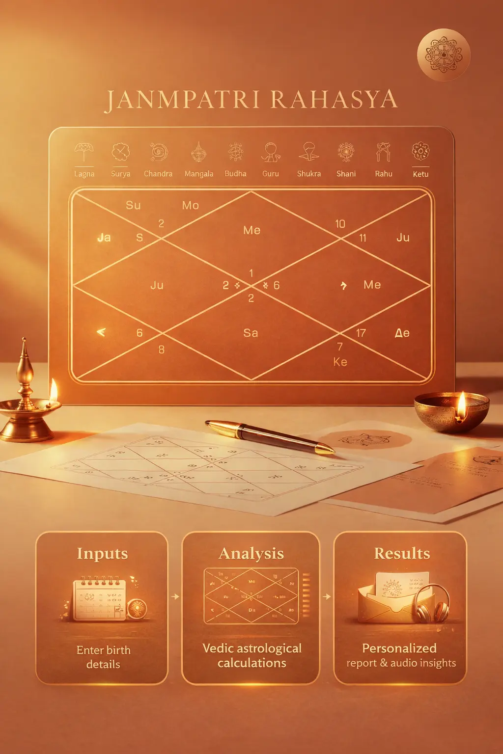 Vedic Janmpatri analysis banner with North Indian Kundli chart, planetary icons, oil lamps, and visual steps for birth data input, astrological calculations, and personalized horoscope report.